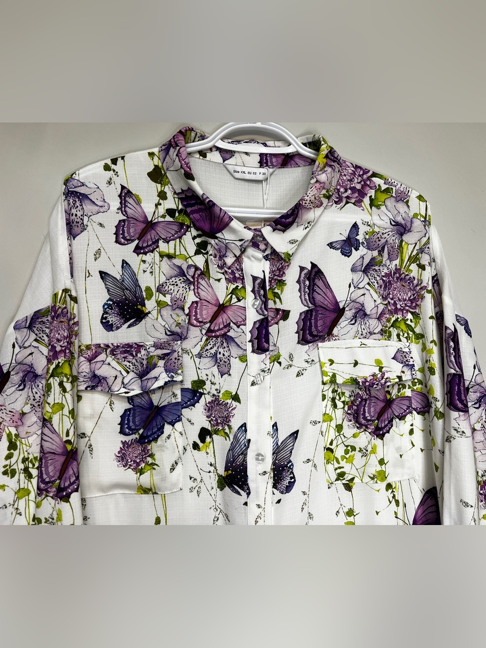 NWT - T1. White Floral Button-Up Blouse with Purple & Green Print